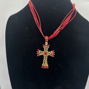 Elegant Gold and Red Cross Pendant Necklace